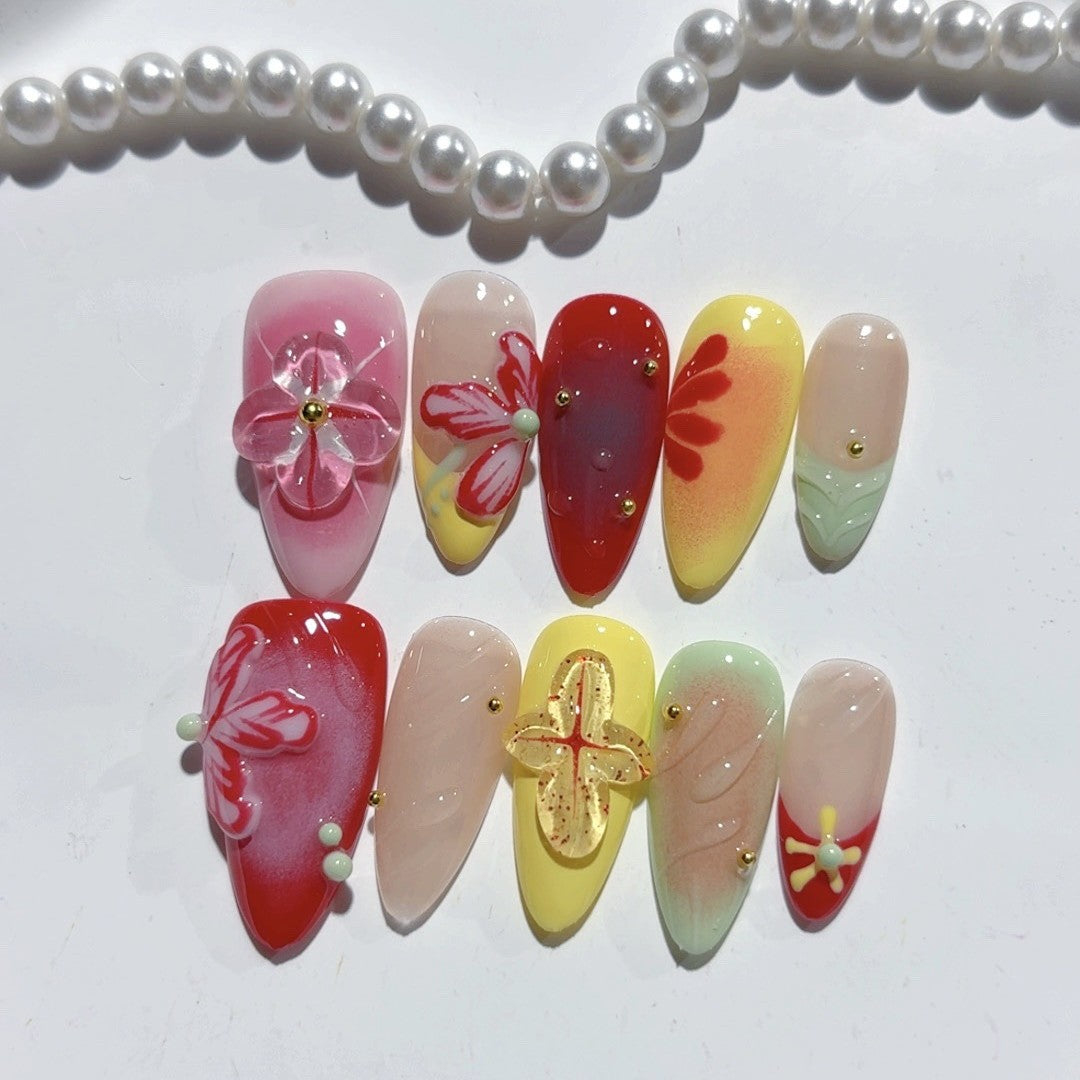 365nails-Tropical Bloom: "Vibrant Flower Starfish" – Almond Shape Handmade 3D Carved Press-On Nails