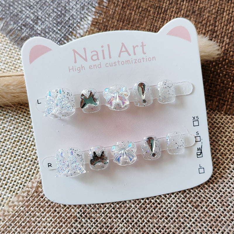 365nails: "ice clear aurora bow" – short round handmade kids press-on nails