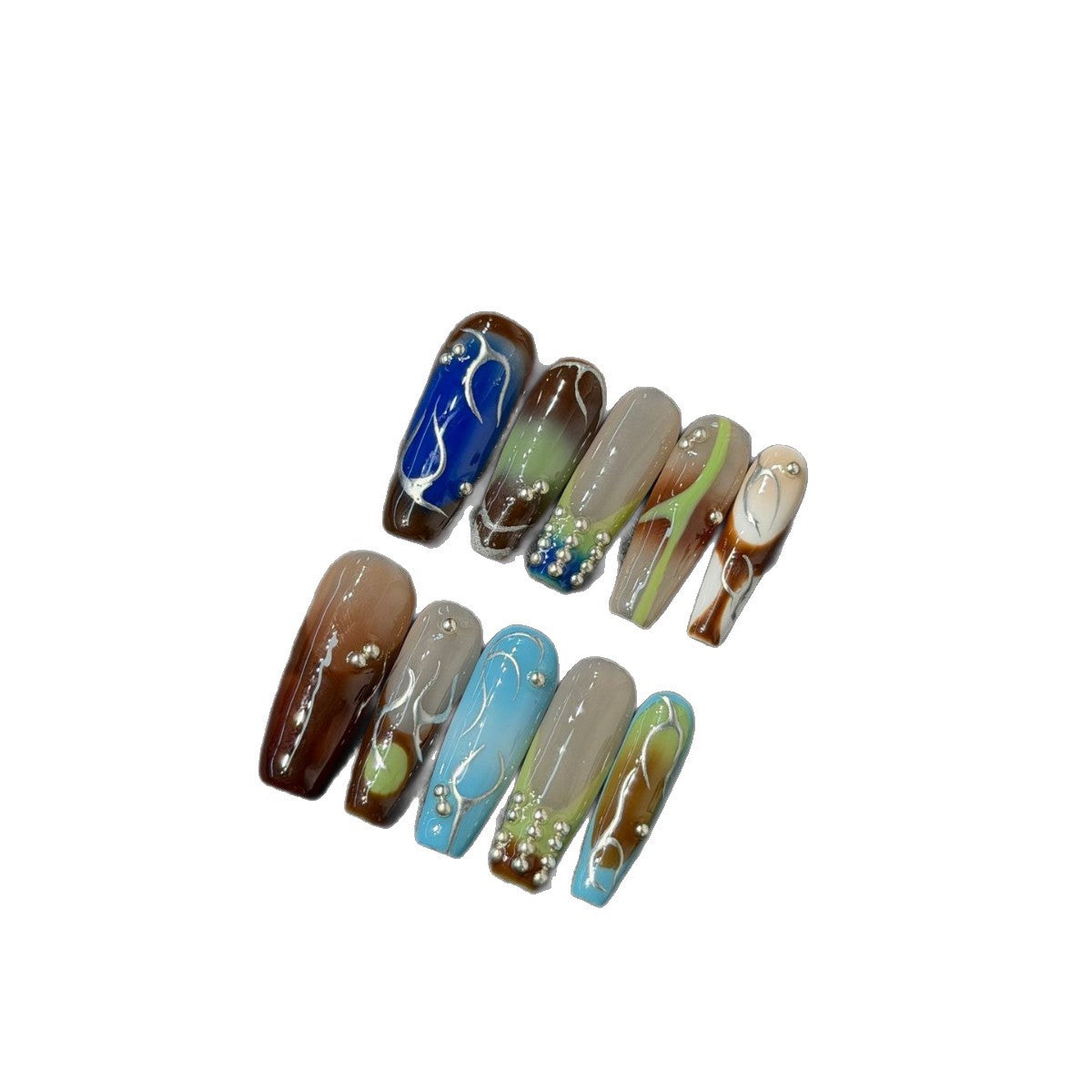 365nails: 「摩卡漩渦」—大理石紋與水晶 手工製 杏仁形 穿戴甲