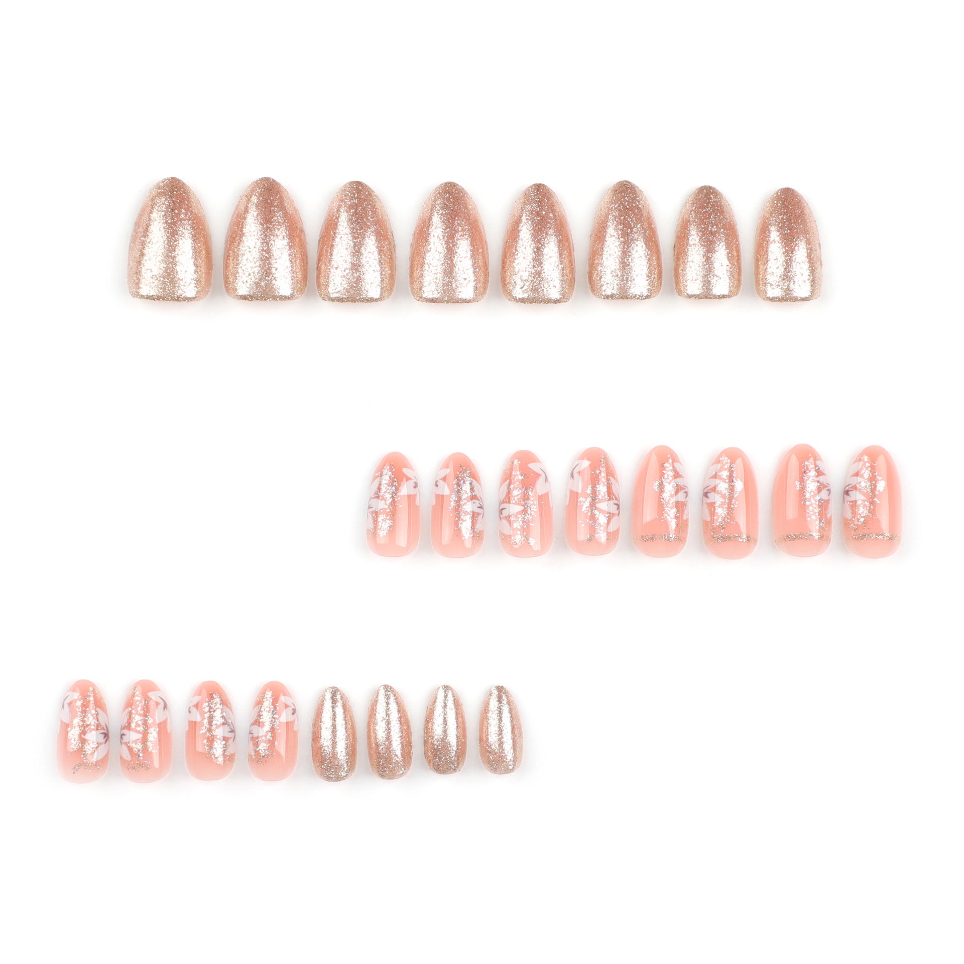 夏日小清新花朵美甲 杏仁形 金色亮粉 穿戴甲 批發｜365nails