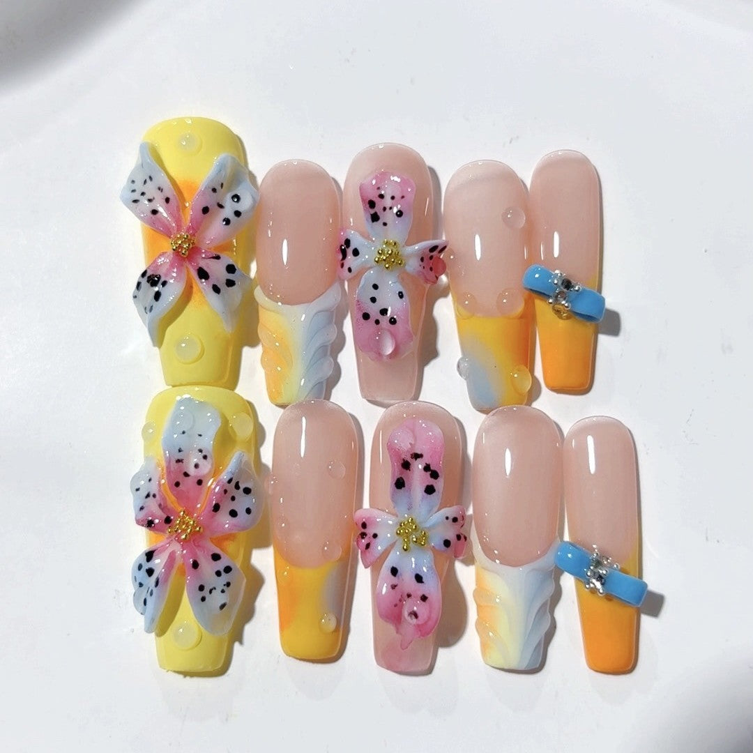 Tropical Bloom: "Stargazer Lily Splash" – Long Almond Press-On Nails