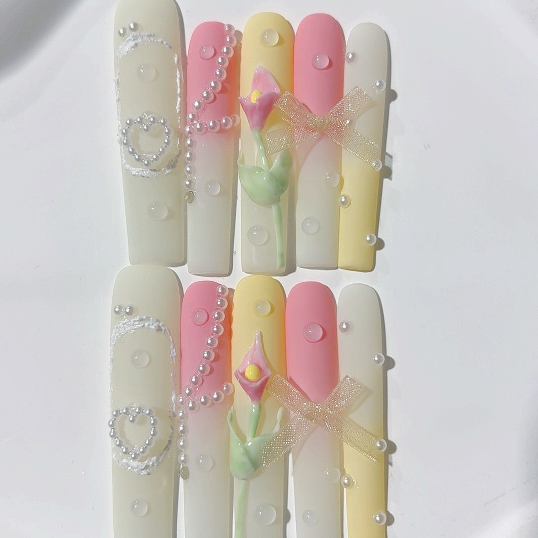 Pastel Pearl Bow Floral Press On Nail Set