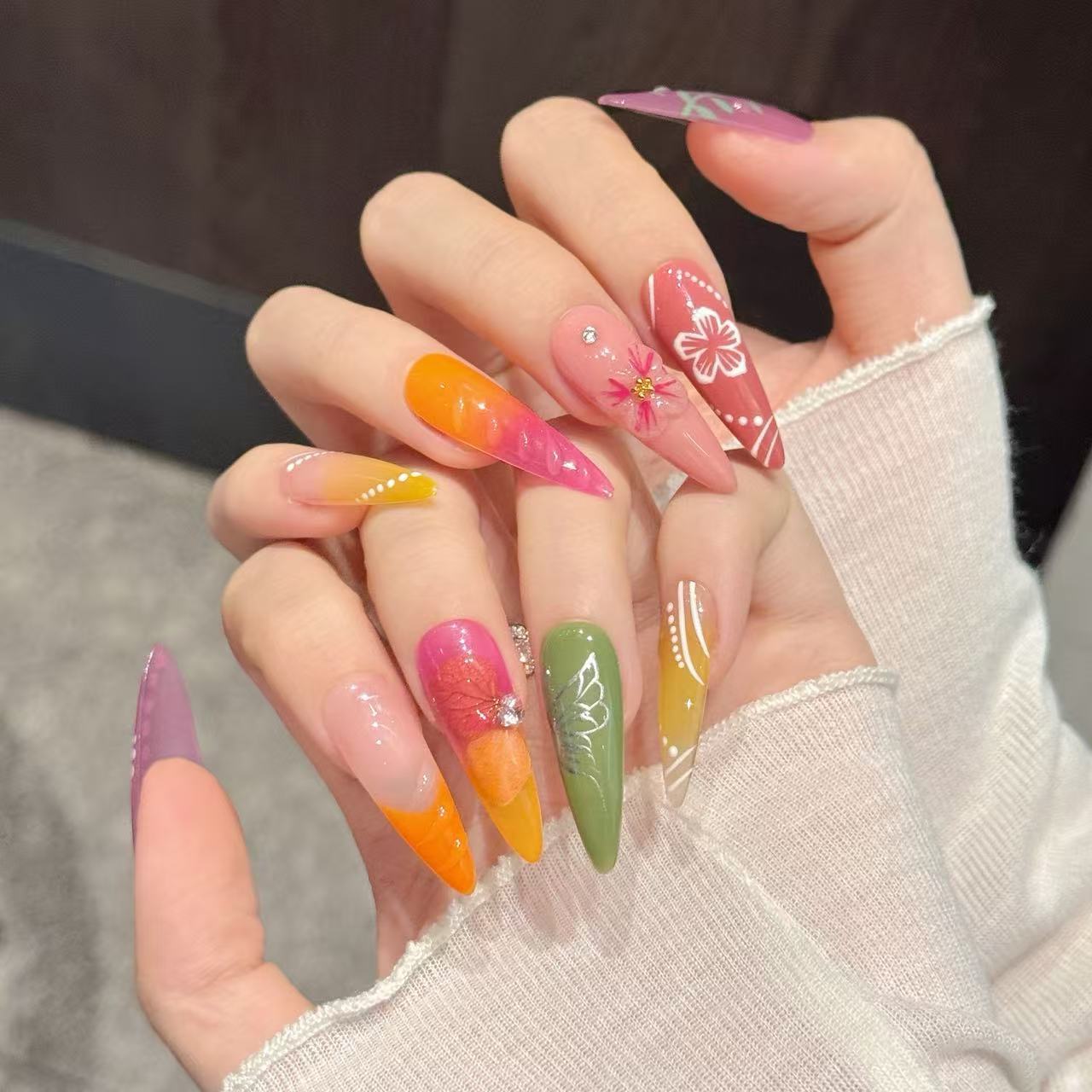 Tropical Rainbow Floral Summer Nails