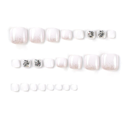 Nail piece Finished short white foot nail piece Wearable manicure patch Glitter rhinestone wearable nail piece Summer｜365nails