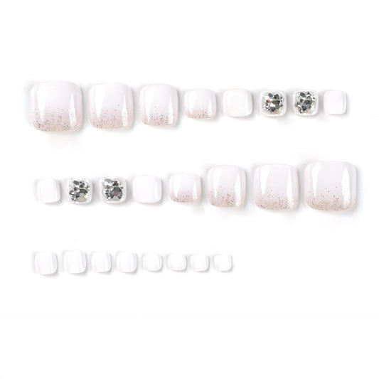 Nail piece Finished short white foot nail piece Wearable manicure patch Glitter rhinestone wearable nail piece Summer｜365nails