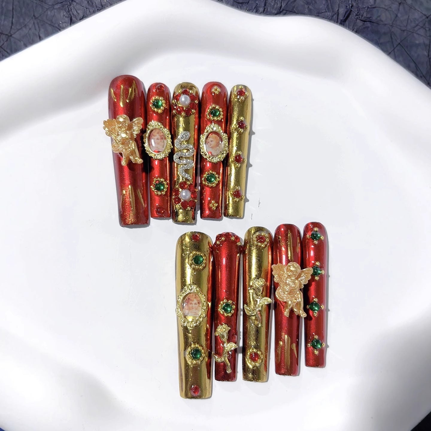 奢華紅金色超長款棺材形穿戴甲