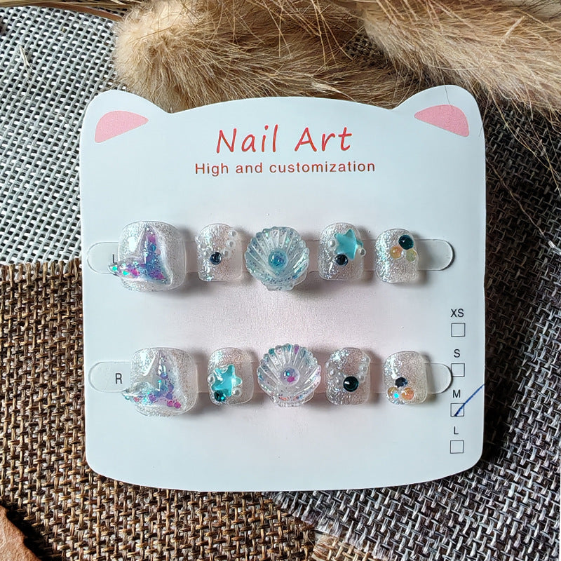 365nails: "mermaid princess" – short round handmade kids press-on nails