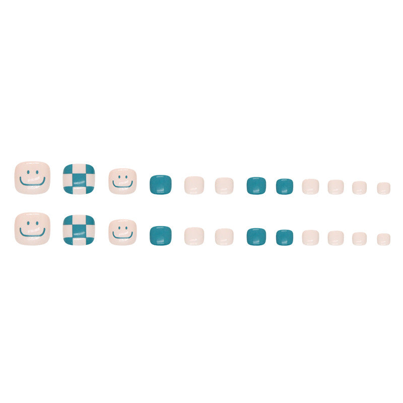 Cute smile fresh lake green checkerboard manicure Press-on toenails small fresh manicure fake nail wearable Press-on toenails nail｜365nails