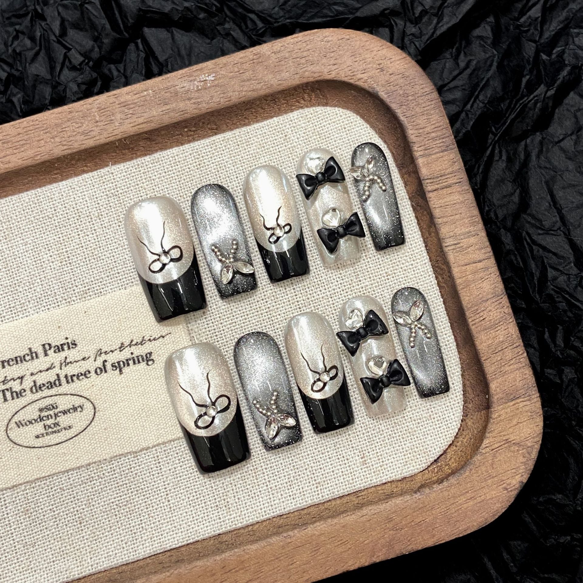 365nails: "Midnight Soiree" – 3D Bowknot & Butterfly Handmade Coffin Nails