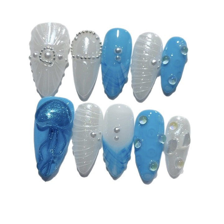 365nails: "아주르 쉘 머메이드" – 미디엄 아몬드형 블루-화이트 쉘 수제 프레스온 네일