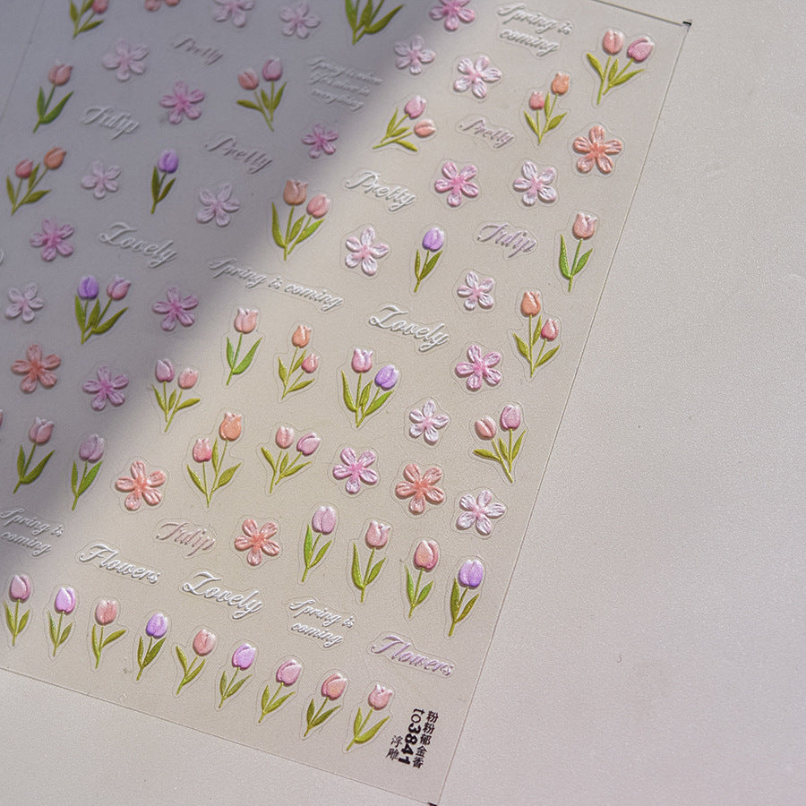 Lovely Tulip & Script: "Spring Tulip Tale" – 5D Embossed Nail Sticker