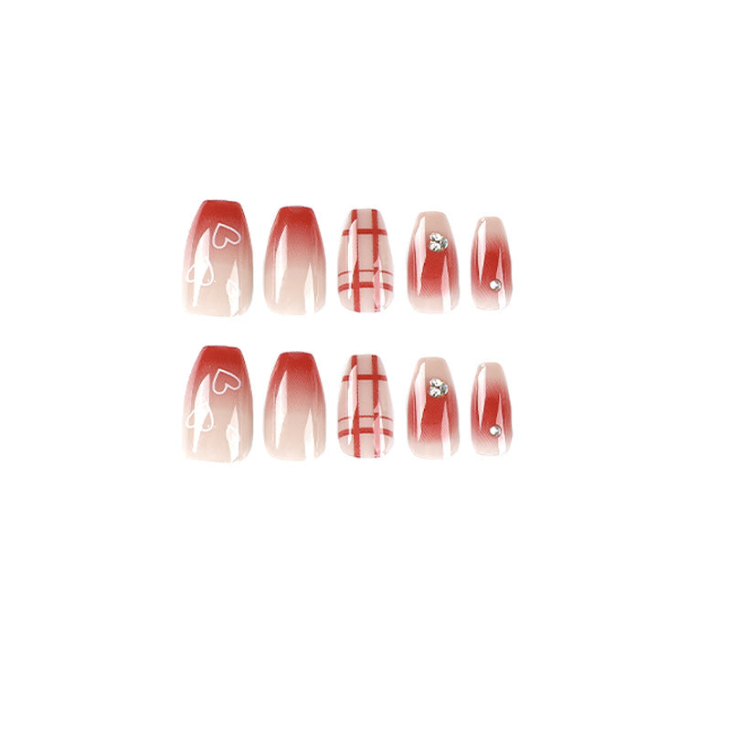 漸變紅色／腮紅色甲片 — 鏤空愛心水鑽格紋美甲甲片 批發｜365nails