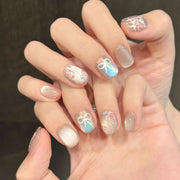 365nails：「夢幻蛋白石」— 手繪花卉與蝴蝶結貓眼手工製方形穿戴甲