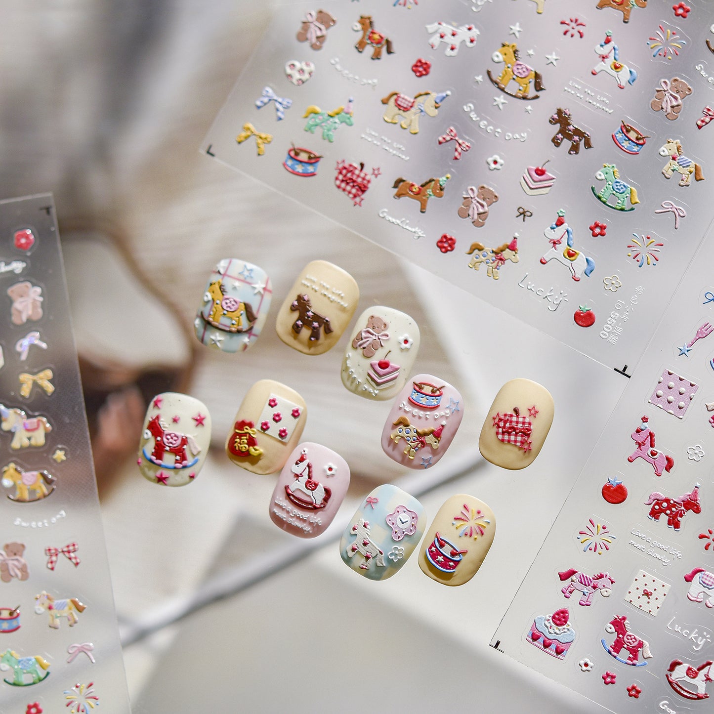 Embossed Festive Nail Stickers – Rocking Horse & Lucky Charm Set
