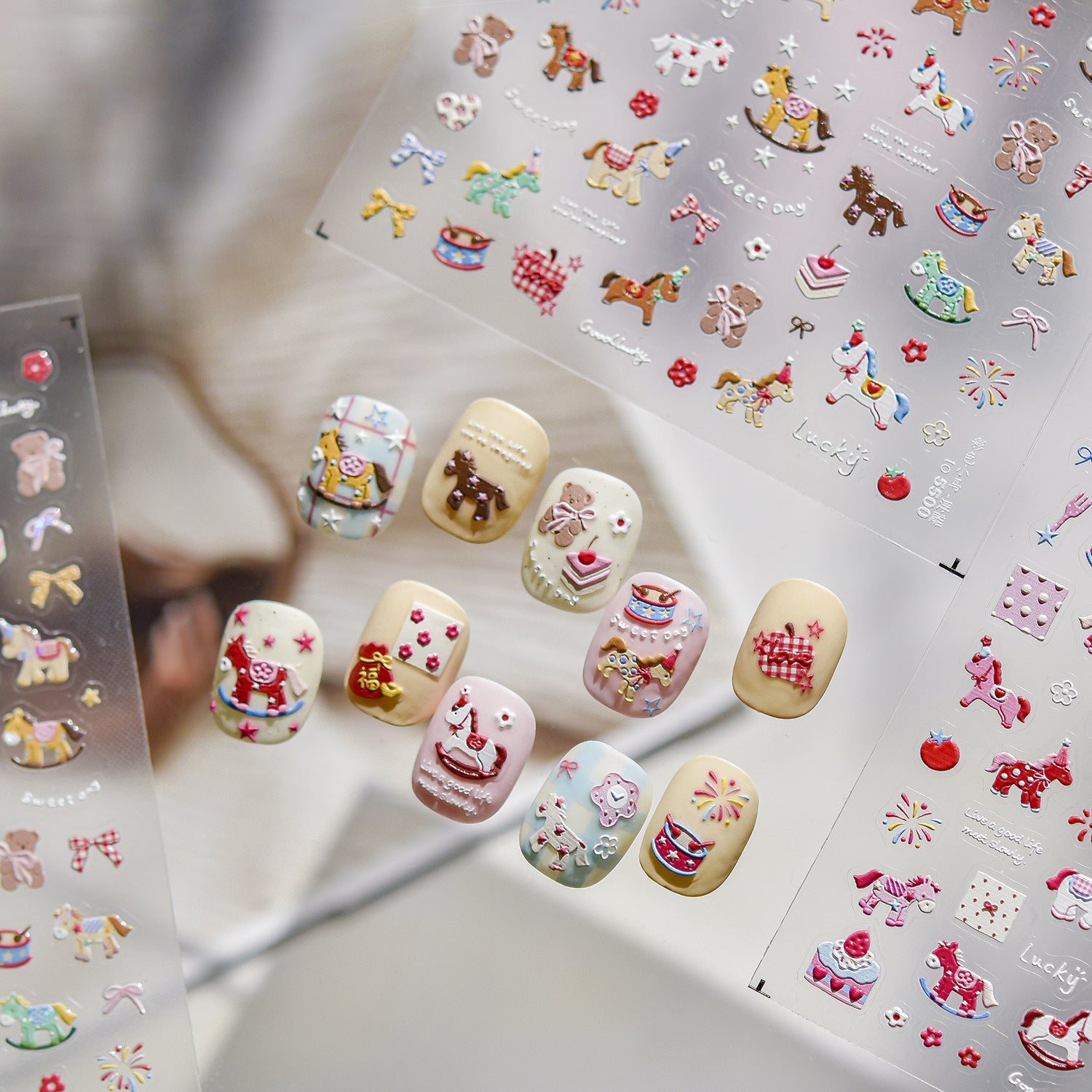 Embossed Festive Nail Stickers – Rocking Horse & Lucky Charm Set