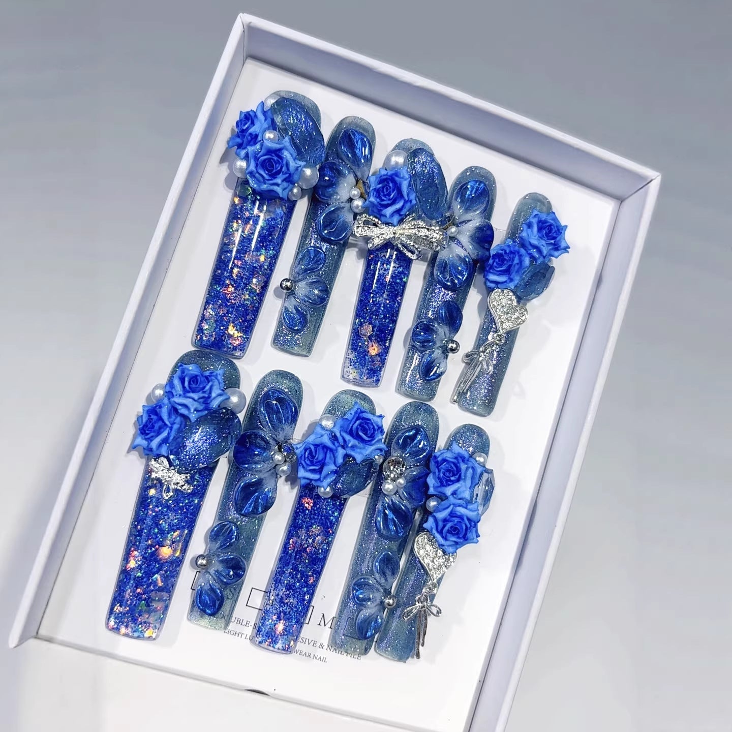 Ocean Blue Rose Sculpted Crystal Fantasy Press On Nails