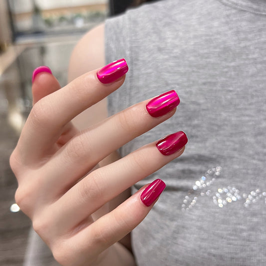 Rose red solid color cat eye  pads wholesale short trapezoidal sub-size  10 pcs high-end nail art｜365nails