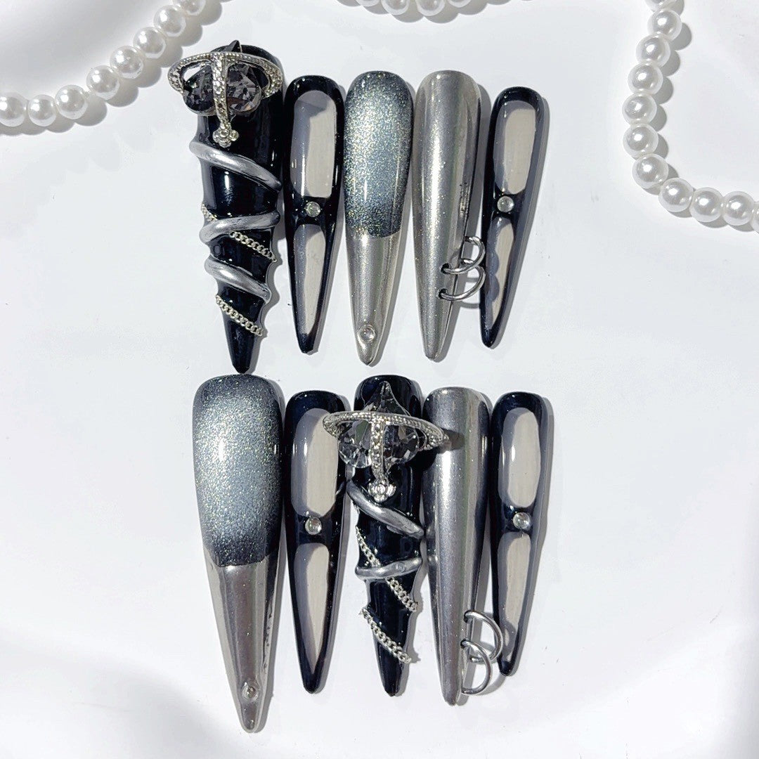 Black Silver Mechanical Chrome Gothic Statement Press On Nails
