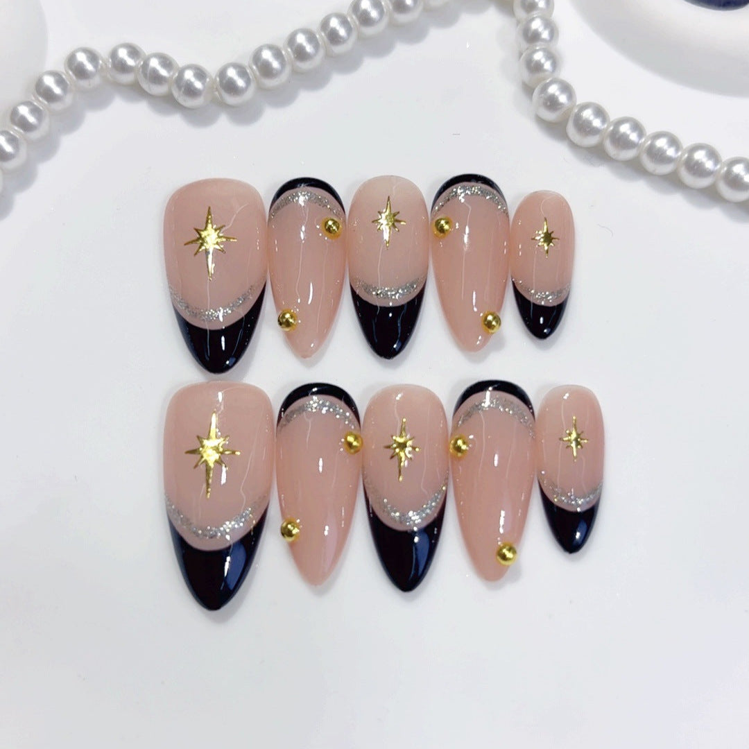 Celestial Noir: "Stellar Black French" – Almond Shape Handmade Press-On Nails