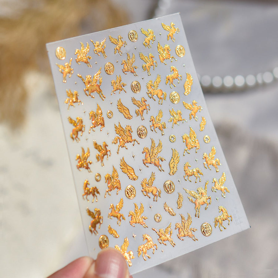Golden Pegasus Collection: "Mythic Flight" – 3D Metallic Gold Nail Sticker