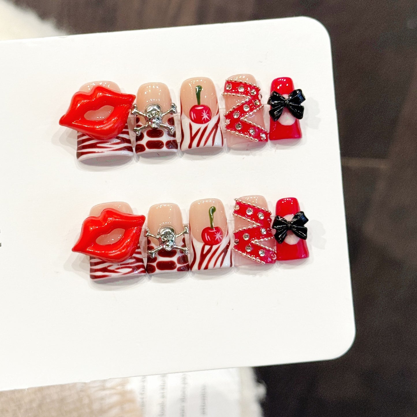 Red Lip Cherry Bow Duckbill Press On Nails