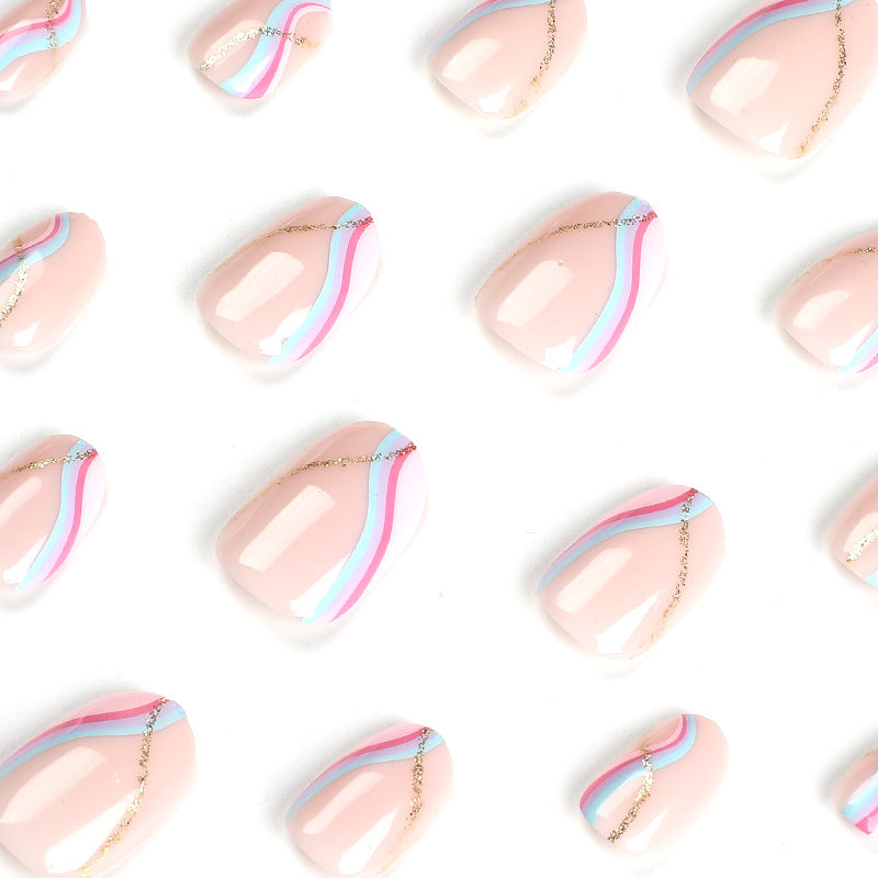 Adesivo de unha curto rosa azul roxo com ondas para vestir, removível, peça de unha com glitter dourado｜365nails