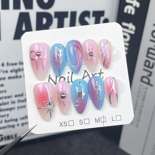 Handmade press on nails Symphony Colorful Hand-painted Line Bow Summer Almond Nail Wear Fake Nails｜365nails