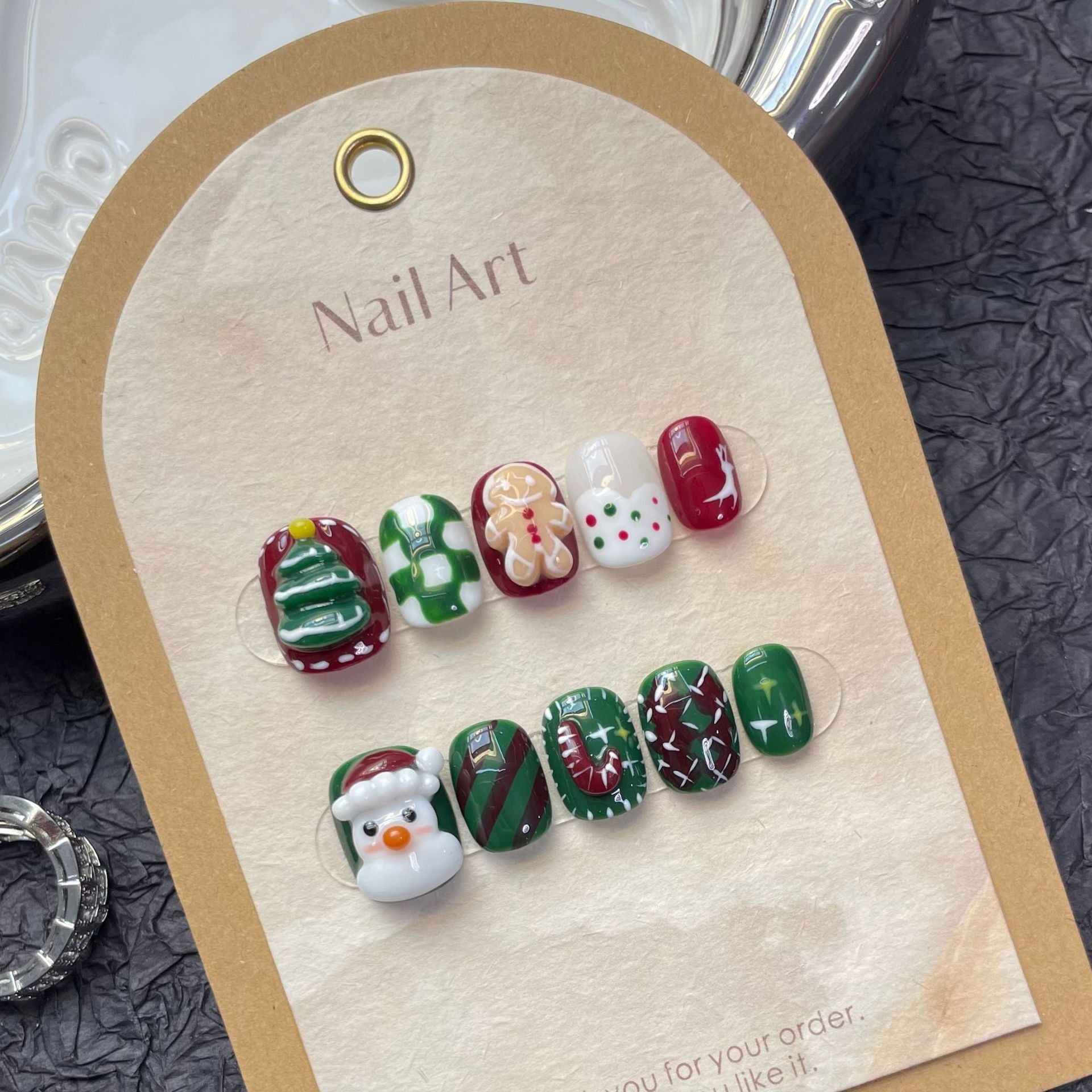 Cute Christmas Press‑On Nails – Snowman, Tree & Gingerbread Design