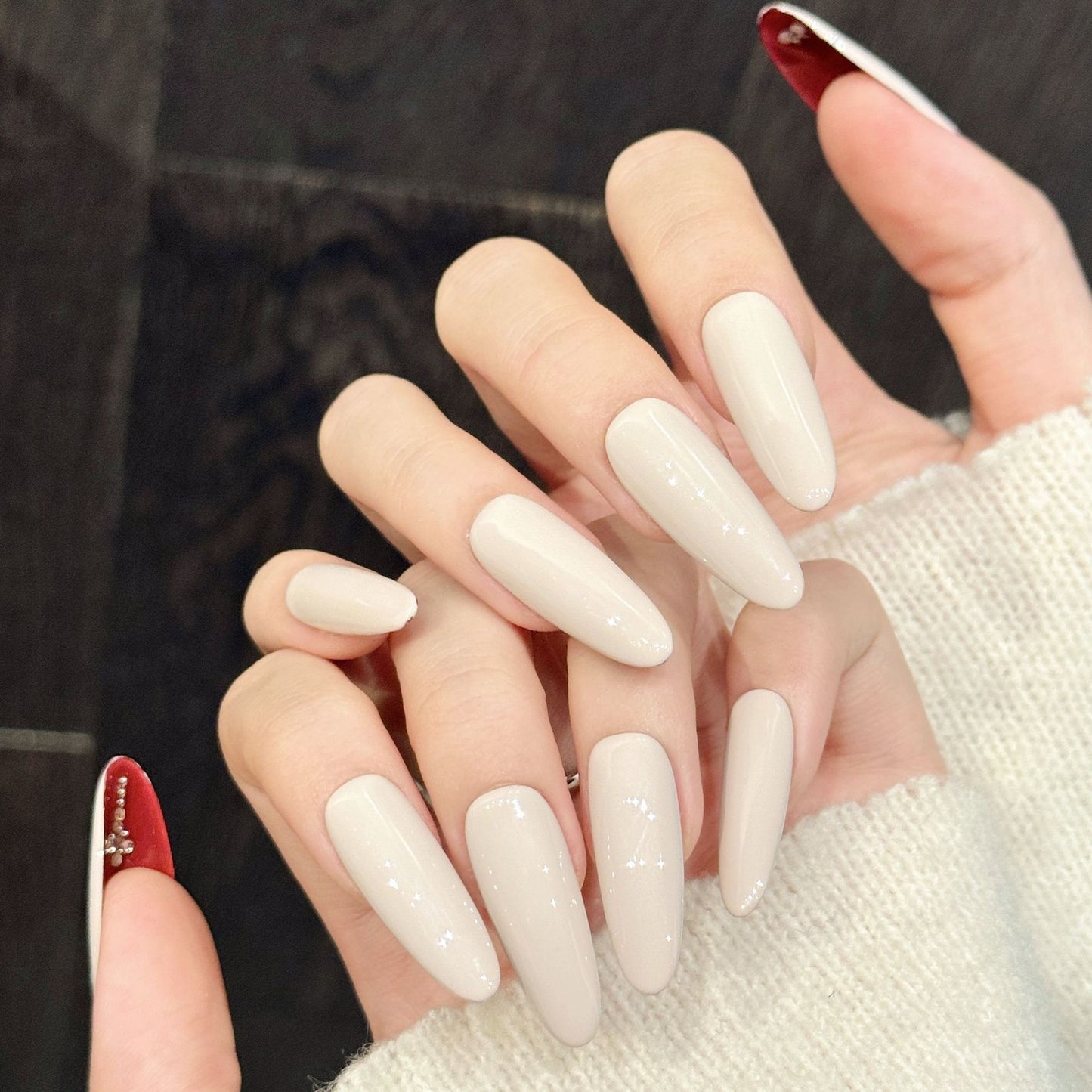 Velvet Red Nude Minimal Crystal Press On Nails