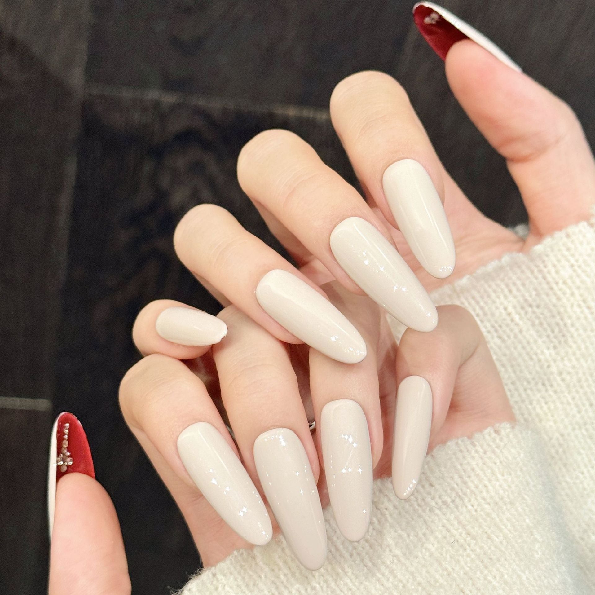 Velvet Red Nude Minimal Crystal Press On Nails