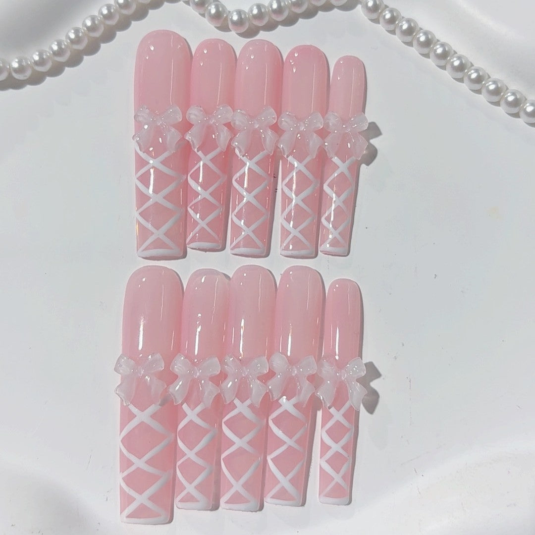 柔粉蝴蝶結蕾絲甜美法式穿戴甲