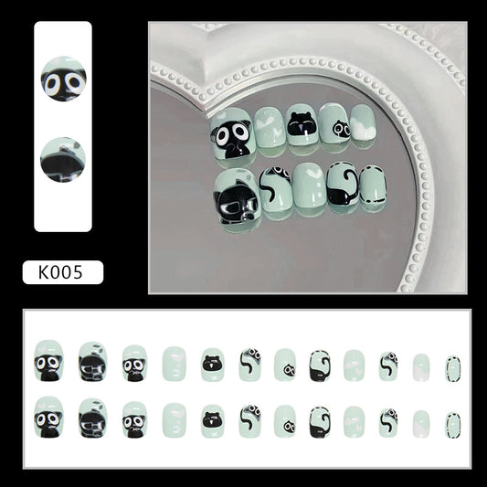 Fresh green base cute little black cat manicure kids nails｜365nails