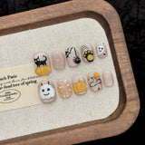 Cute Halloween 3D Ghost Pumpkin Cat Short Press-On Nails