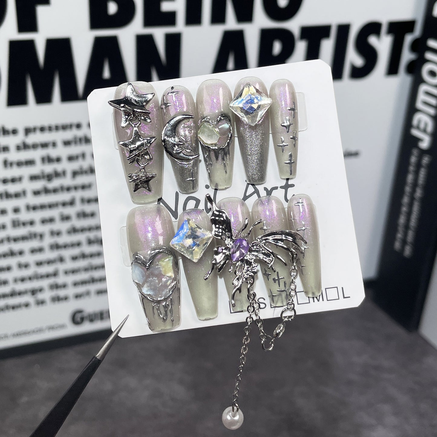 Unhas postiças artesanais estilo concha aurora, arte de unha longa, pingente de borboleta, adesivo de unha vestível, atacado 365nails