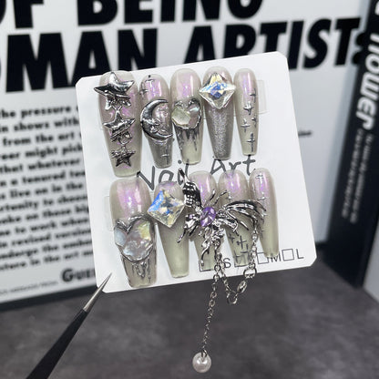 Unhas postiças artesanais estilo concha aurora, arte de unha longa, pingente de borboleta, adesivo de unha vestível, atacado 365nails