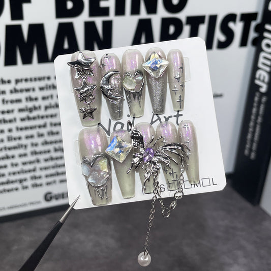 Unhas postiças artesanais estilo concha aurora, arte de unha longa, pingente de borboleta, adesivo de unha vestível, atacado 365nails