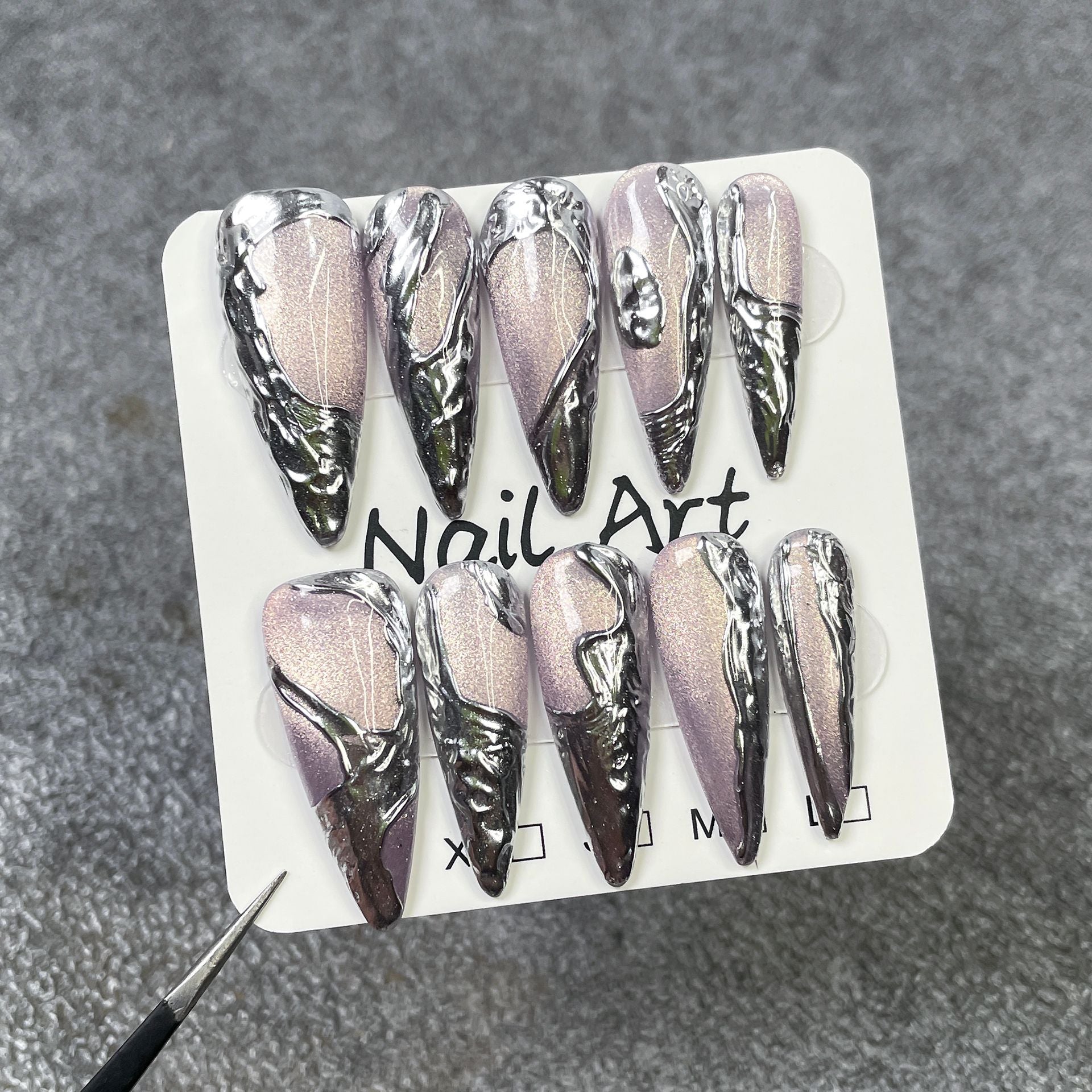Sleek Liquid Silver Chrome Metallic Mauve Long Press-On Nails