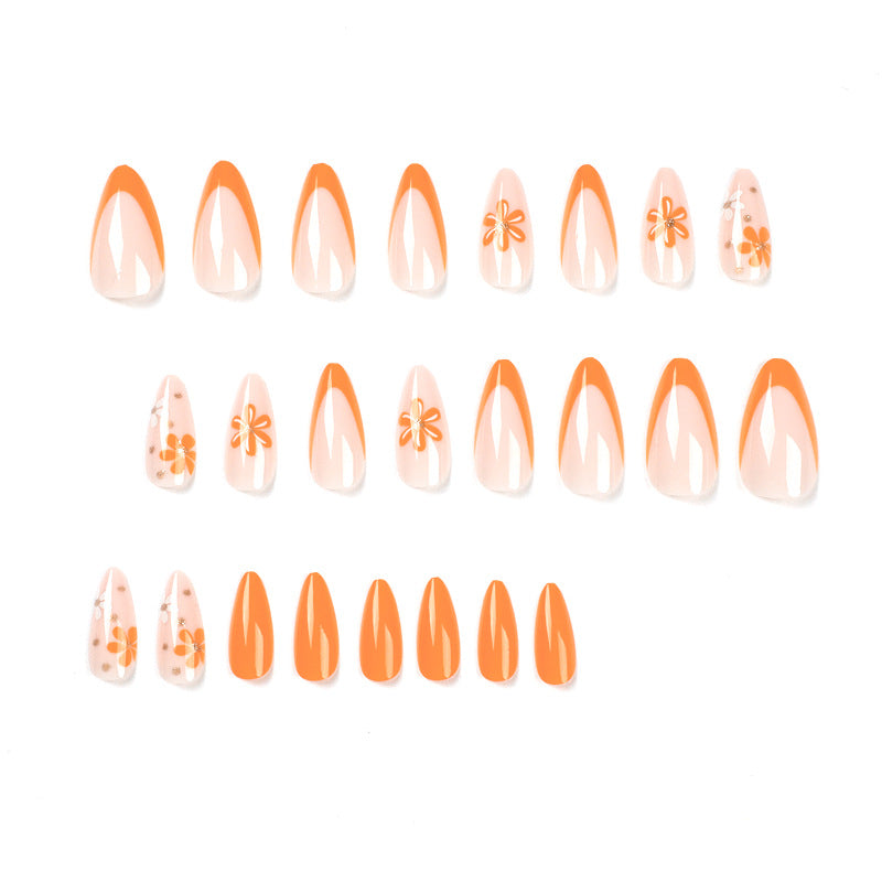 네일 아트 탭 도매 — 프렌치 오렌지·화이트 꽃 탈착형 프레스온 네일｜365nails