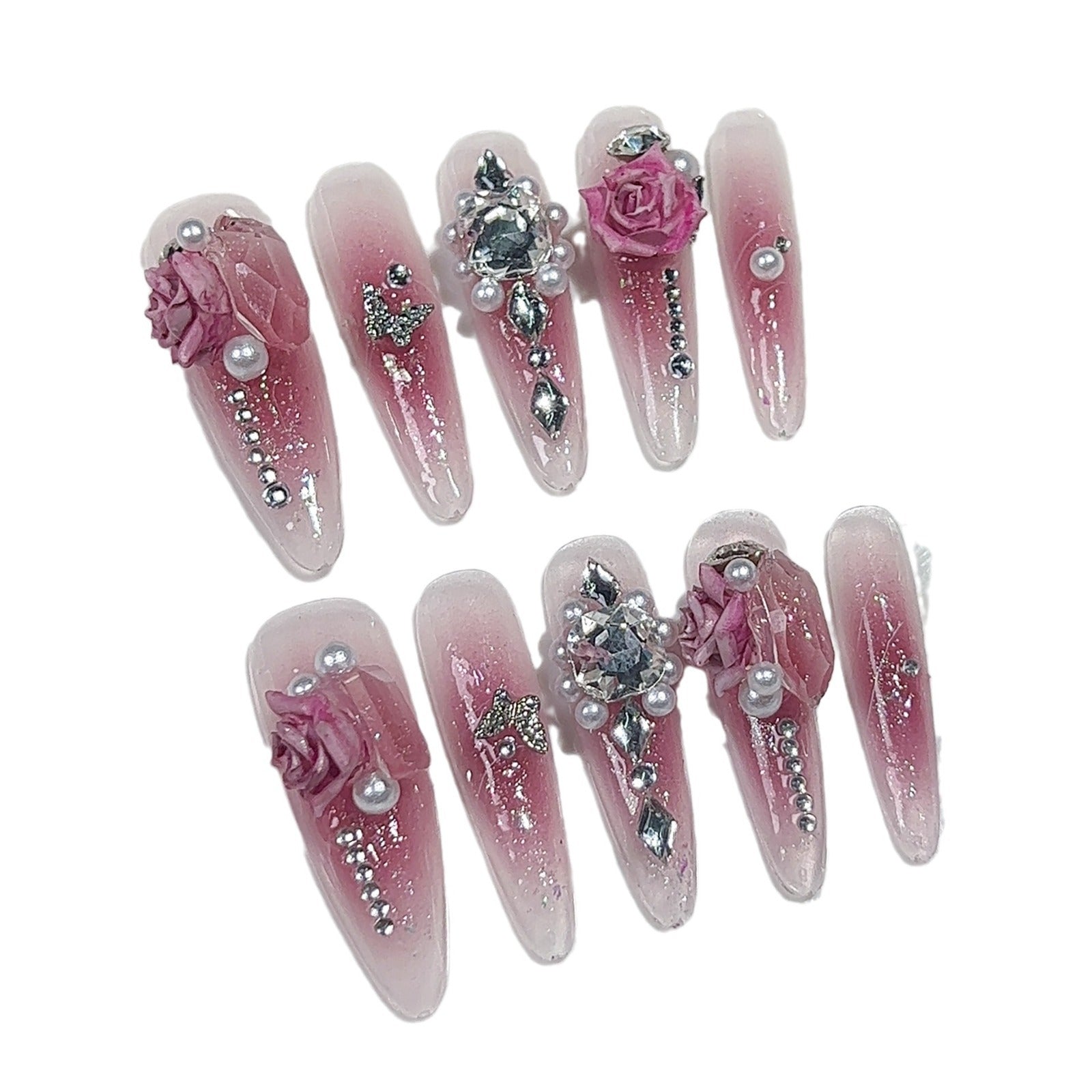Pink Blush Nails with Rose Petals and Crystal Accents