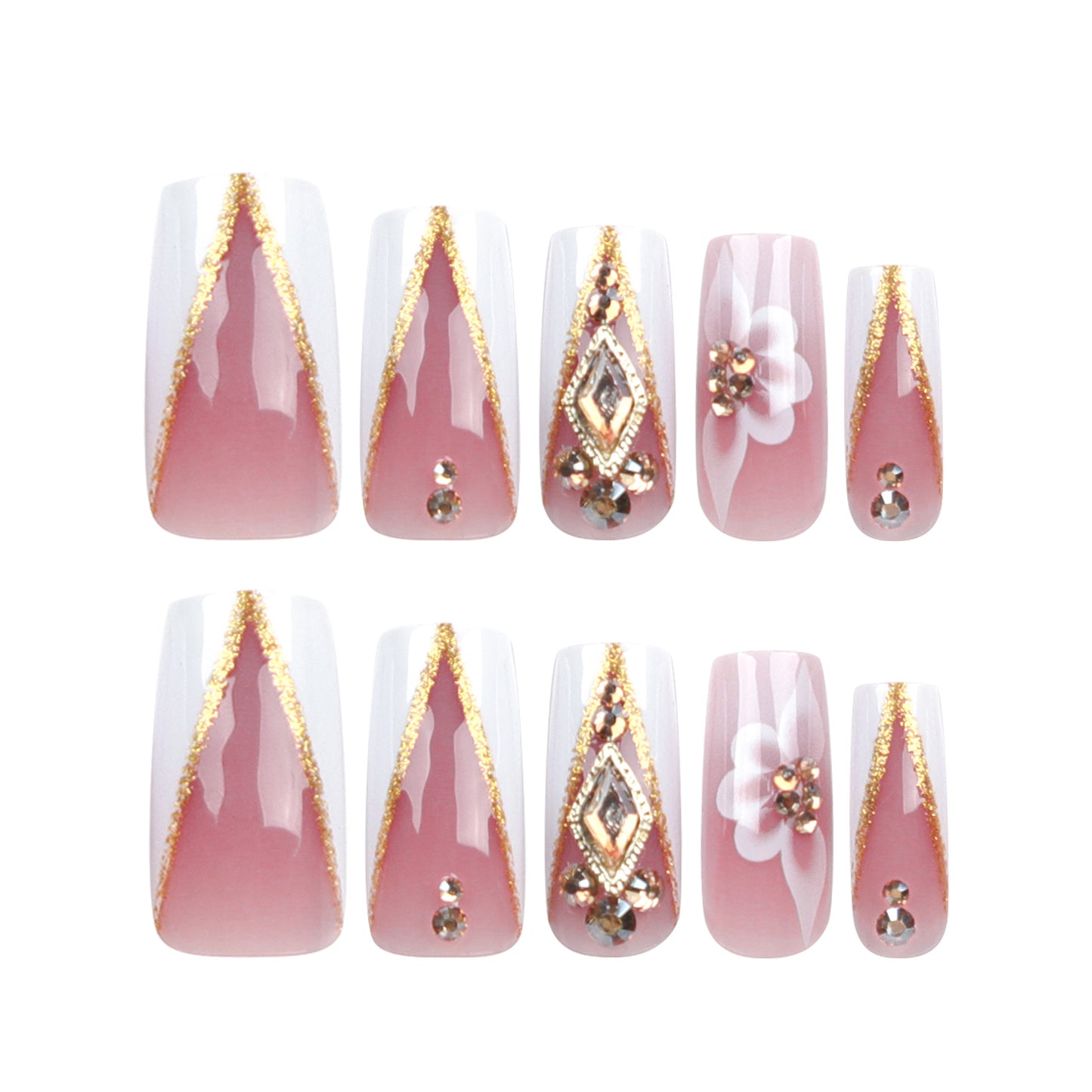 Golden glitter  V-shaped French white edge flower three-dimensional rhinestone  autumn and winter new  batch｜365nails