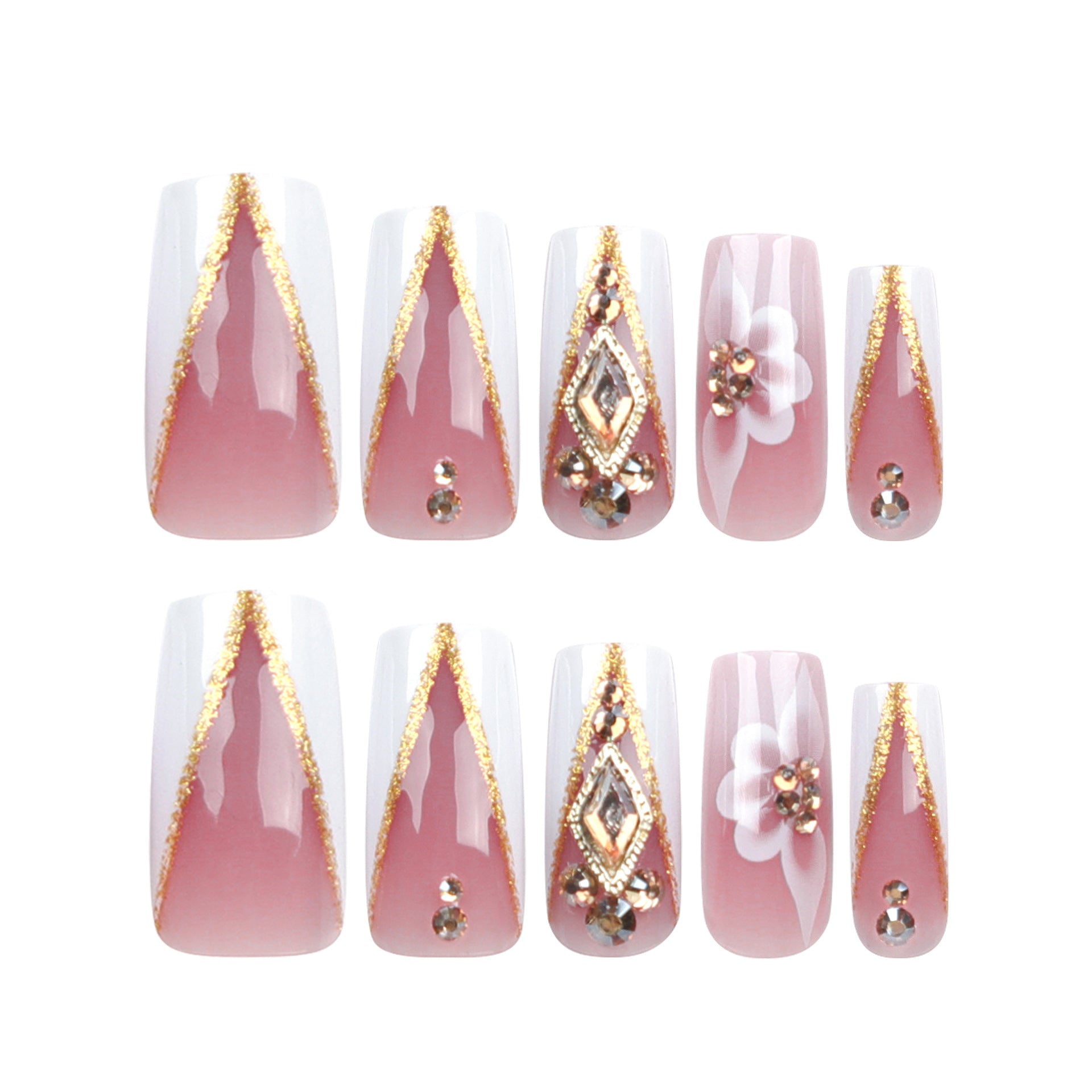 Paillettes dorées V-shaped français bord blanc fleur strass trois dimensions automne et hiver nouvelle série｜365nails