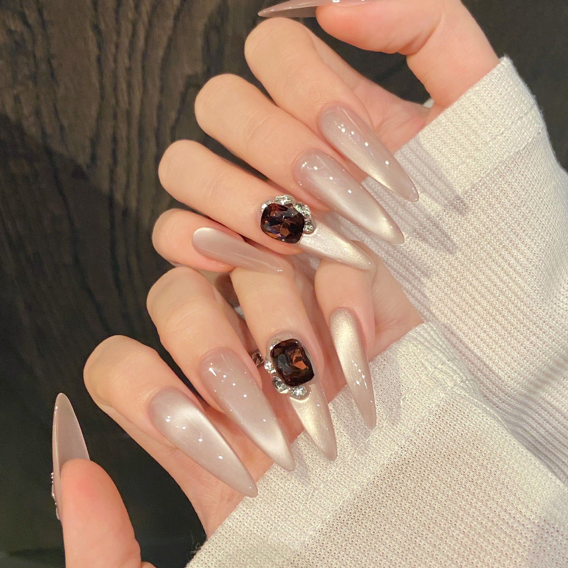 365nails: "Velvet Bloom" – Cat-Eye Gradient with Gem Accents Handmade Stiletto Nails