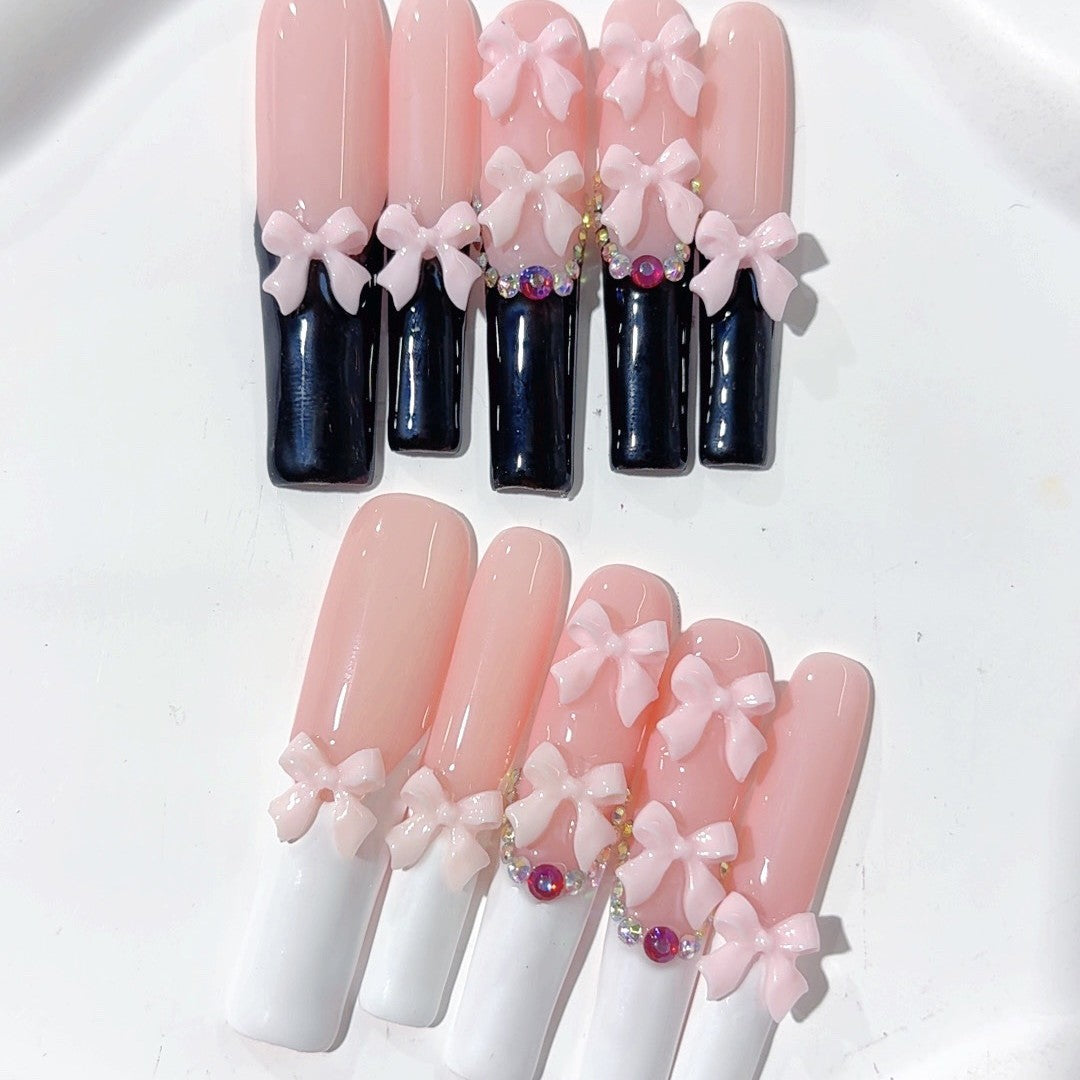 Unhas Postiças Longas e Elegantes com Laço Francês Preto