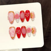 365nails: "Crimson Blossom" – 3D Floral & Gold Leaf Handmade Medium Almond Nails