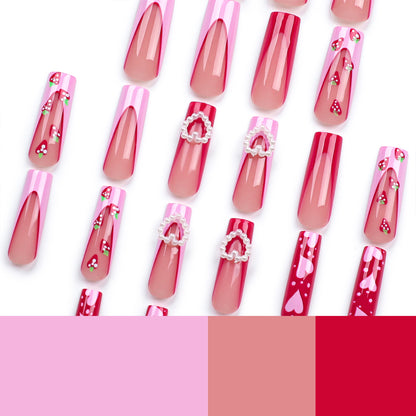 Valentine's Day pink three-dimensional love pearl  long French strawberry nail piece finished product wholesale｜365nails