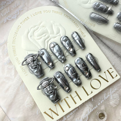 [Purely handmade real shot] The Queen Mother of the West wears a bright silver Spice Girl wind finger that can be worn repeatedly | 365nails
