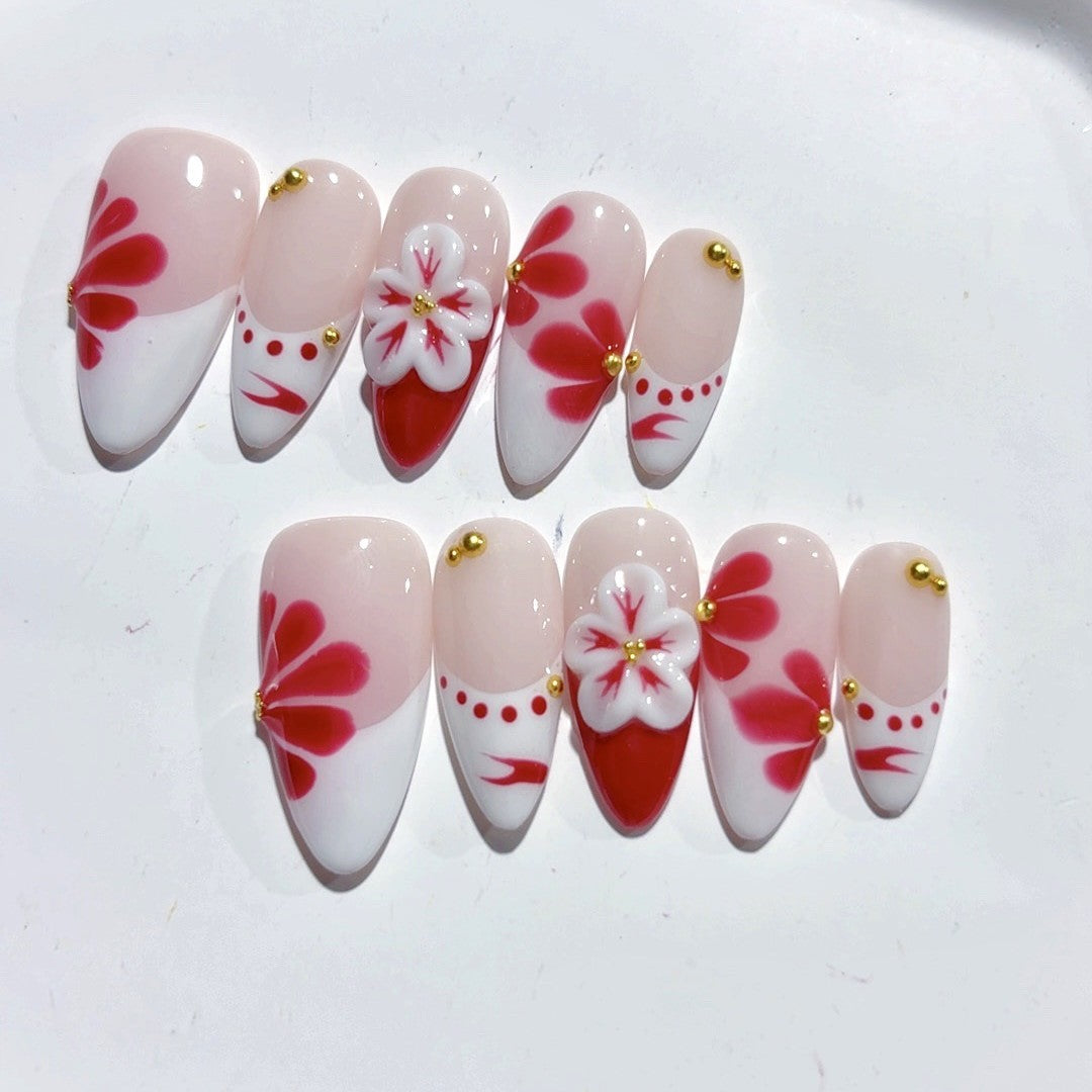 Sakura Whisper: "Crimson Cherry Blossom" – Unhas Postiças Amêndoa