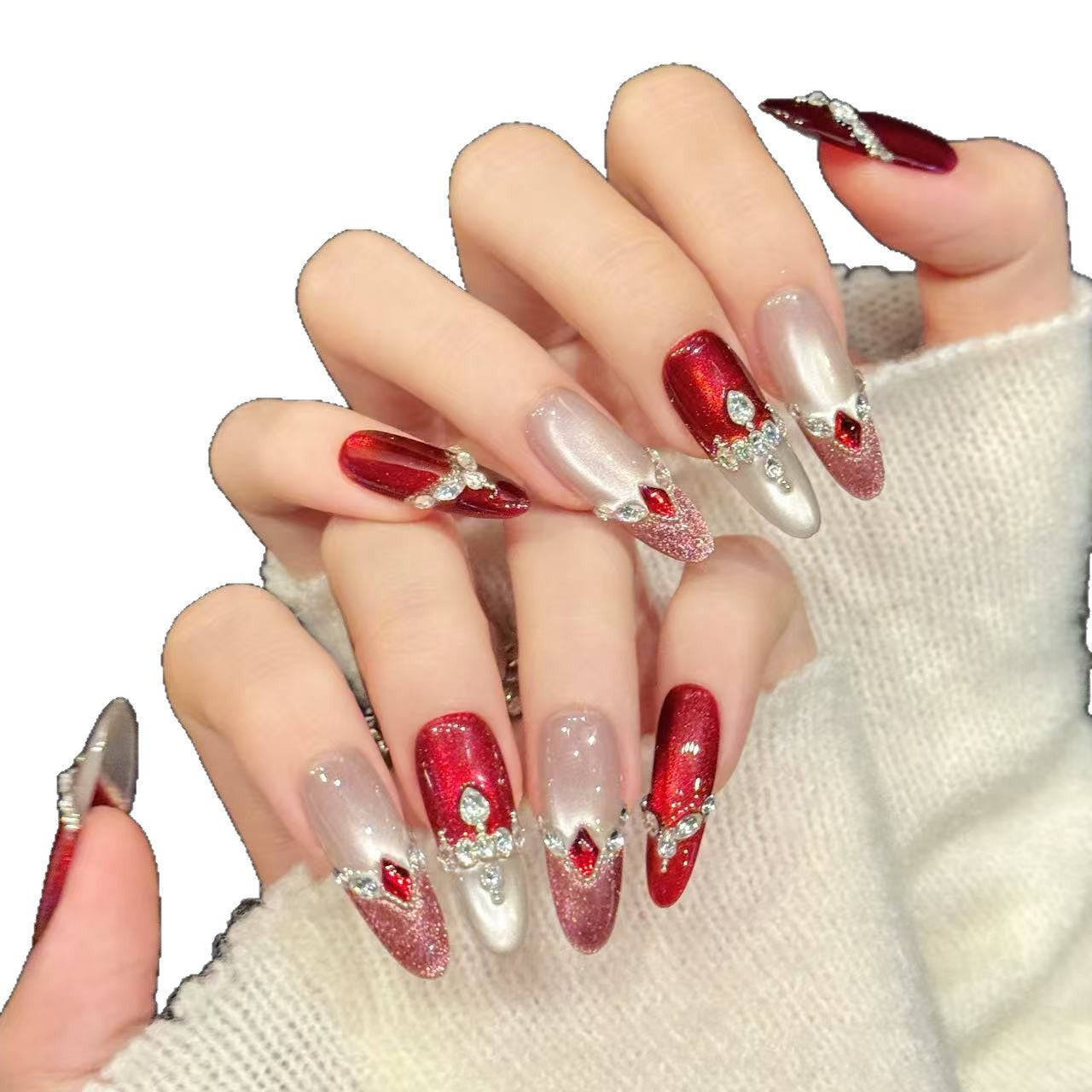 Luxurious Ruby Red Cat Eye Silver Gemstone Press-On Nails