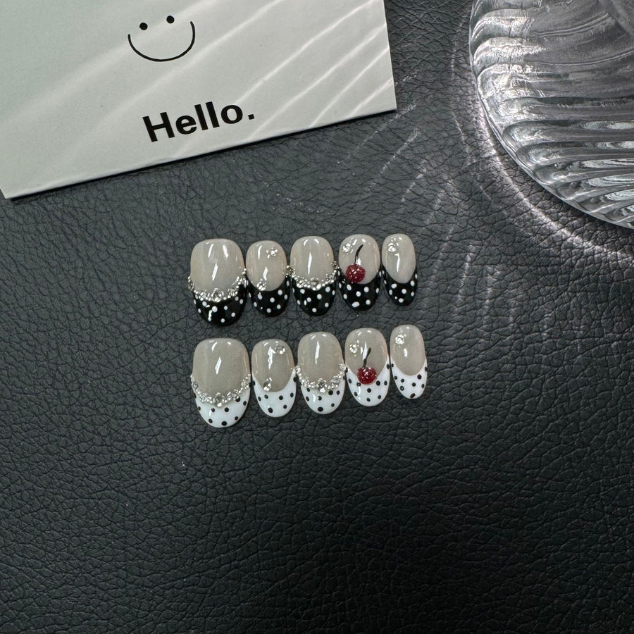365nails: "Cherry Dot" – 3D Cherry & French Tip Handmade Short Square Nails