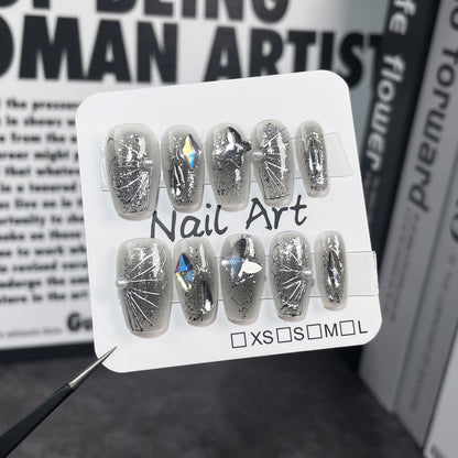 Pure Handmade press on nails black gills flash metal hand-painted butterfly short nail patch  sticker｜365nails